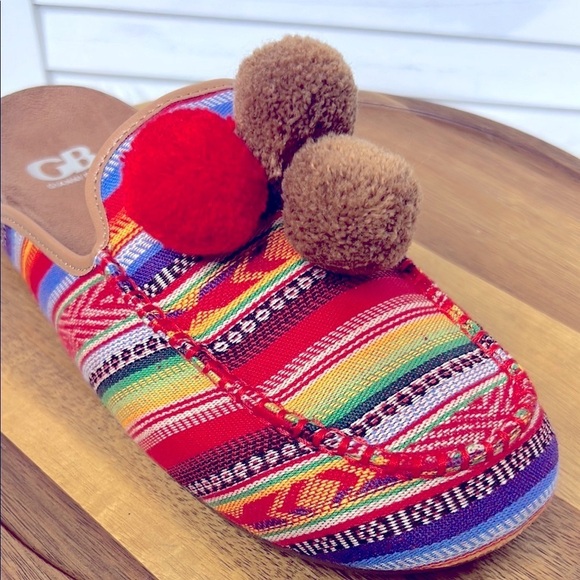 GB Gianni Bini l Aztec Multicolor Pom Pom Mule Sliders Slip On Colorful Sz. 9.5 - Picture 3 of 12